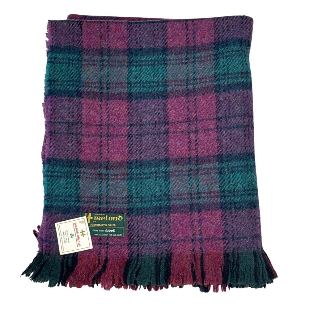 NWT Vintage John Hanley & Co L.T.D plus 90s woven fringed Plaid Wool Throw 54x40